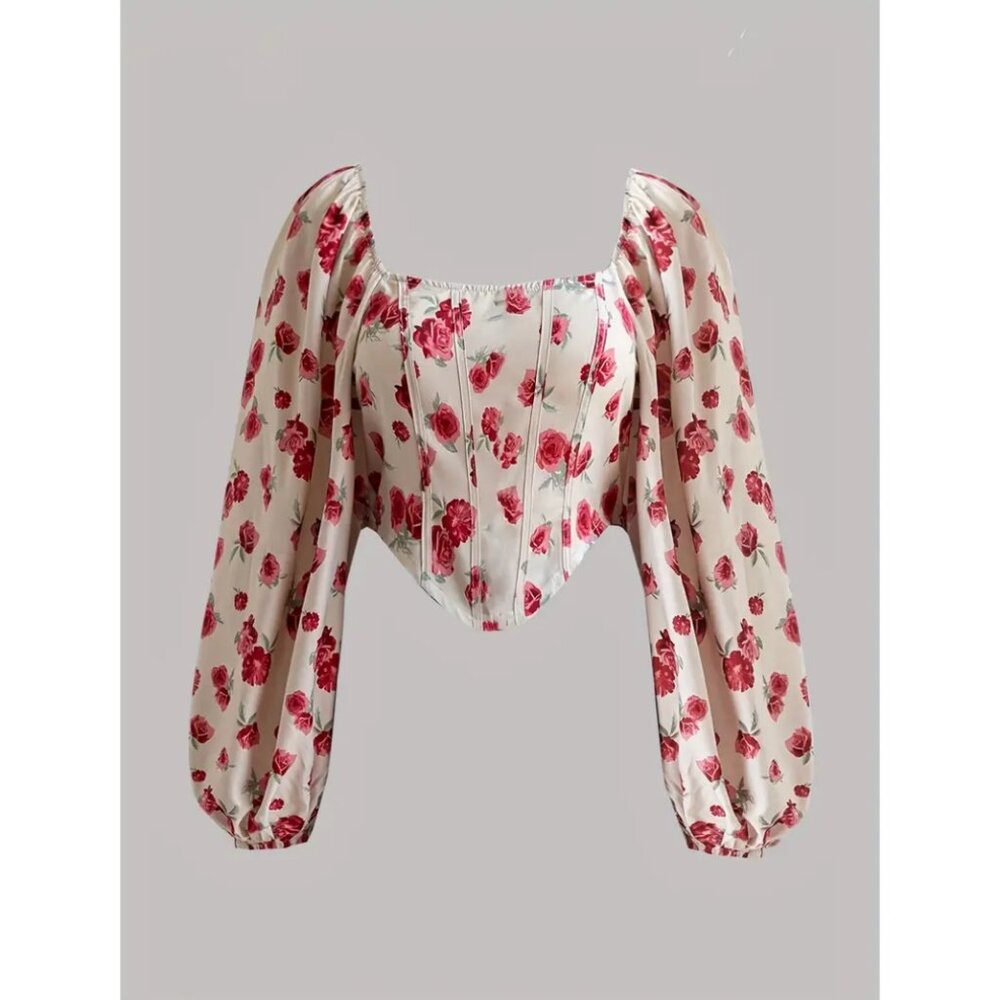 Elegant Chic Floral Print Blouse – Square Neck & Long Sleeves